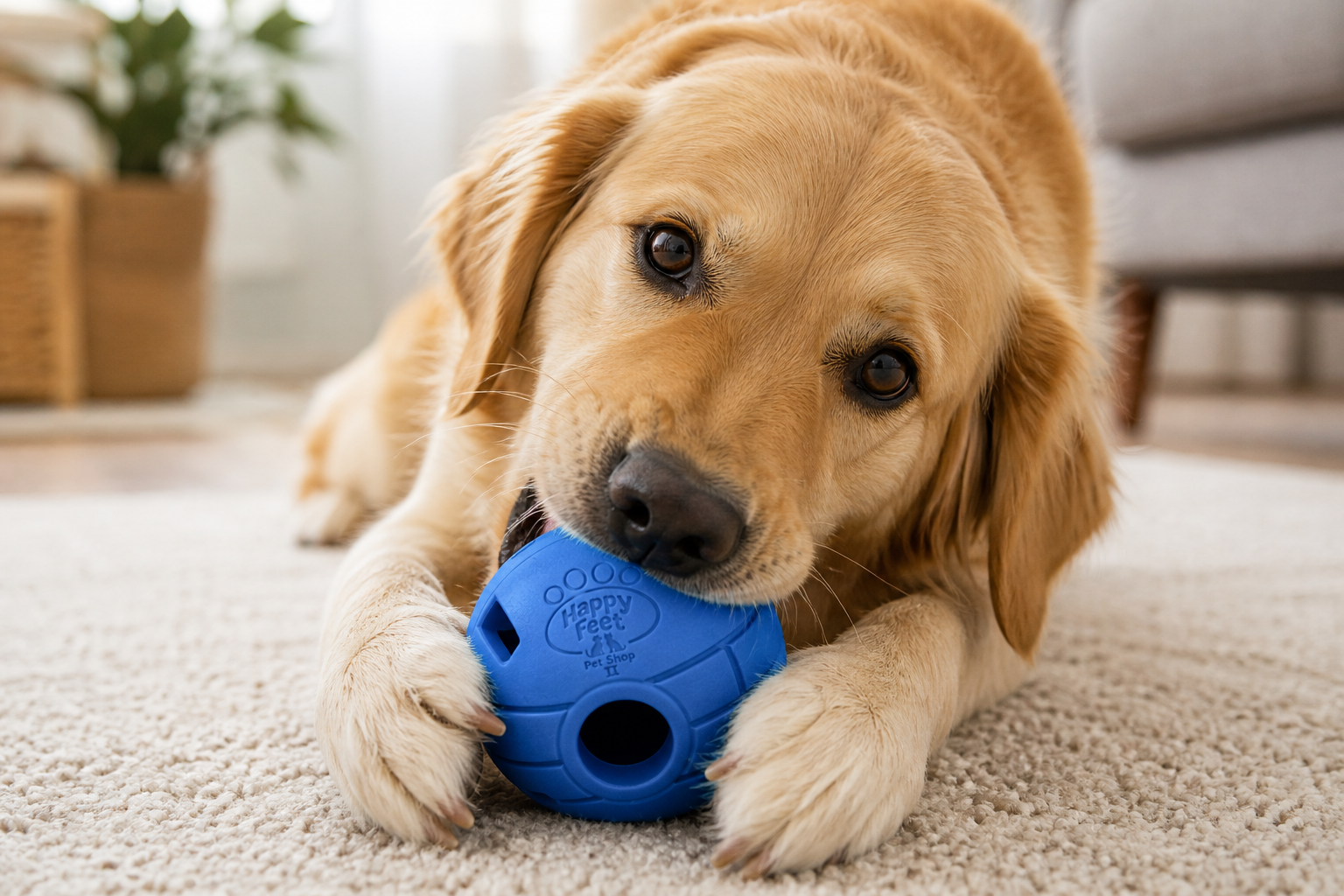 Happy Feet Pet Shop II Treat Dispensing Dog Ball – Interactive Puzzle Toy for Dogs, Durable Rubber Chew Toy, Slow Feeder Ball (Blue) - Image 5