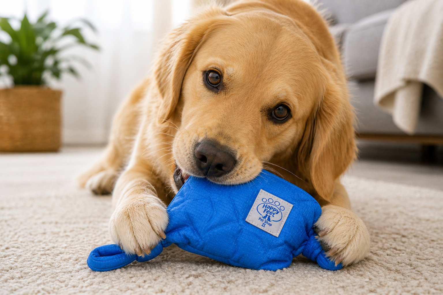 Happy Feet Pet Shop II Soft Crinkle Dog Toy with Rope Handles – Durable Interactive Chew & Tug Toy (Blue) - Image 5