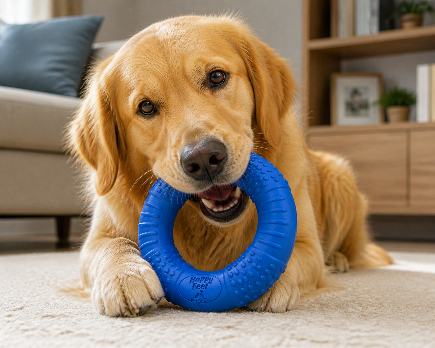 Happy Feet Pet Shop II Durable Rubber Dog Ring Toy – Textured Chew & Dental Cleaning Toy for Dogs, Interactive Teething Toy (Blue) - Image 5